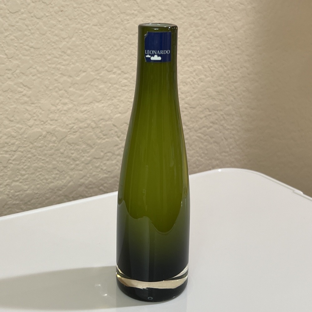 VTG Leonardo of Germany Handblown Art Glass Bud Flower Vase 7.5" Olive Green